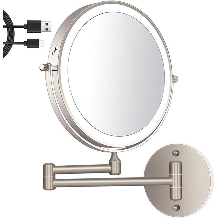 Miroir Maquillage LED Mural 8 Pouces - Miroir Grossissant 1X/20X Lumière Réglable USB | Pivotant 360° Pour Salle De Bain