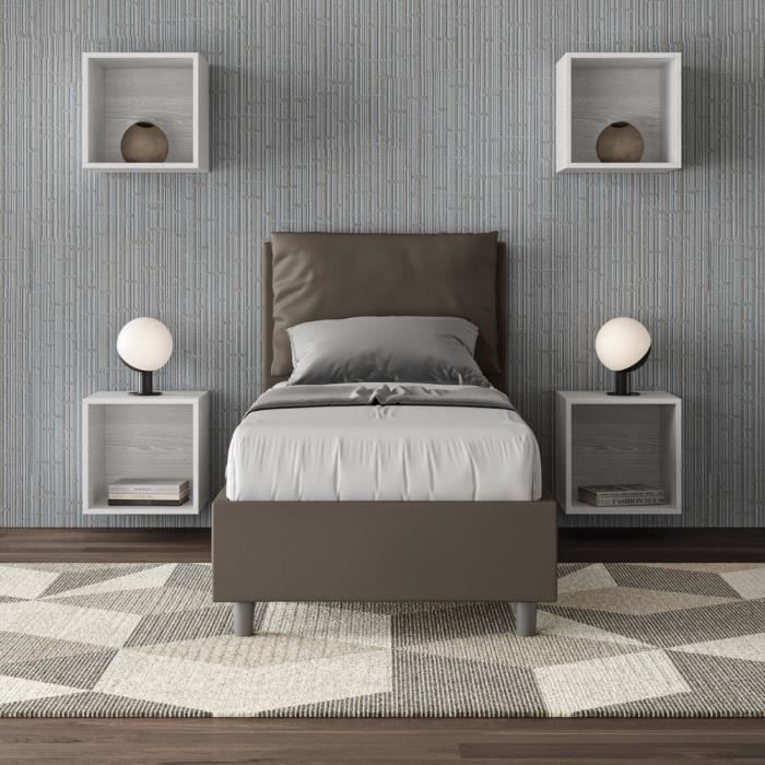 Lit coffre 1 place rembourré Antea - couleur marron - sommier relevable - 80x200 Lit coffre 1 place rembourré Antea - couleur marron - sommier relevable - 80x200