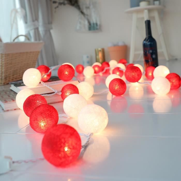 lampe - lanterne,boule de coton faite à la main,couleur rose-gris mélangée- red and white-battery 4m 40balls