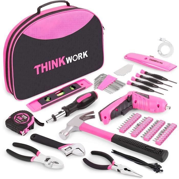 THINKWORK Kit à Outils 75 Pièces avec Tournevis sans Fil 3,6 V, Boîte à Outils à Main pour Réparation Dommestique ou de Travail