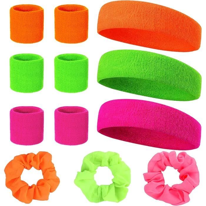 Set Fluo Années 80 – 10 Pièces : 2 Bandeaux, 4 Serre-poignets, 4 Jambières En Coton Polyester, Néon Vert Et Rose, Pour Fêtes Et Sports