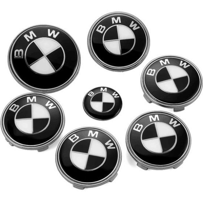 KIT 7 Badge LOGO Embleme BMW Noir Gris Capot + Coffre 74mm +Volant + 4 centre de roue