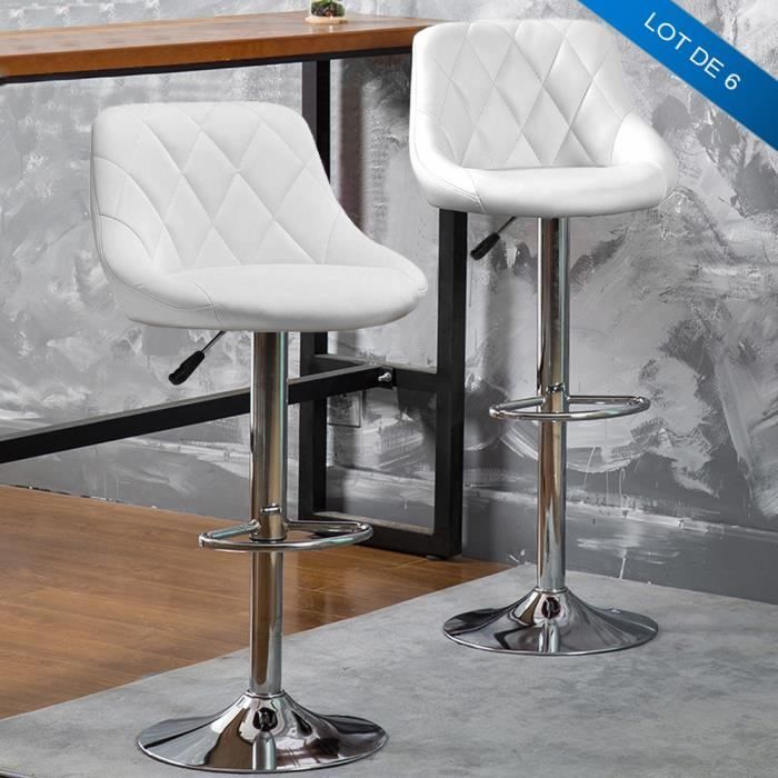 Lot de 6 Tabouret de Bar Dossier Blanc Rembourré Pivotantes et réglables en Hauteur - LUXS