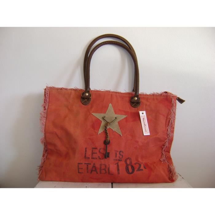 SAC CABAS TOILE VINTAGE ROUGE ETOILE FRANGES ANSES CUIR Achat