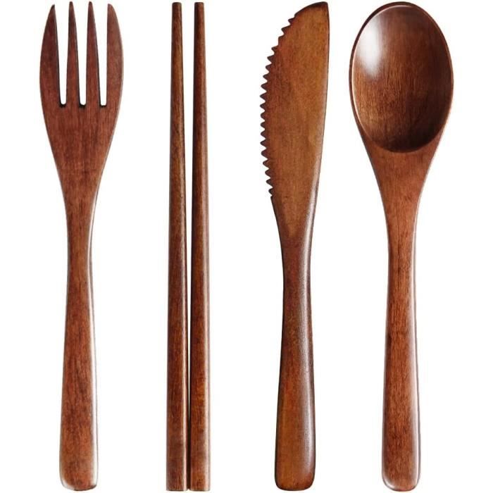 Lot 4 Couverts Voyage Réutilisables - Couteau/Fourchette/Cuillère Plastique - Étui Portable - 4 Couleurs - Pique-nique/Bureau