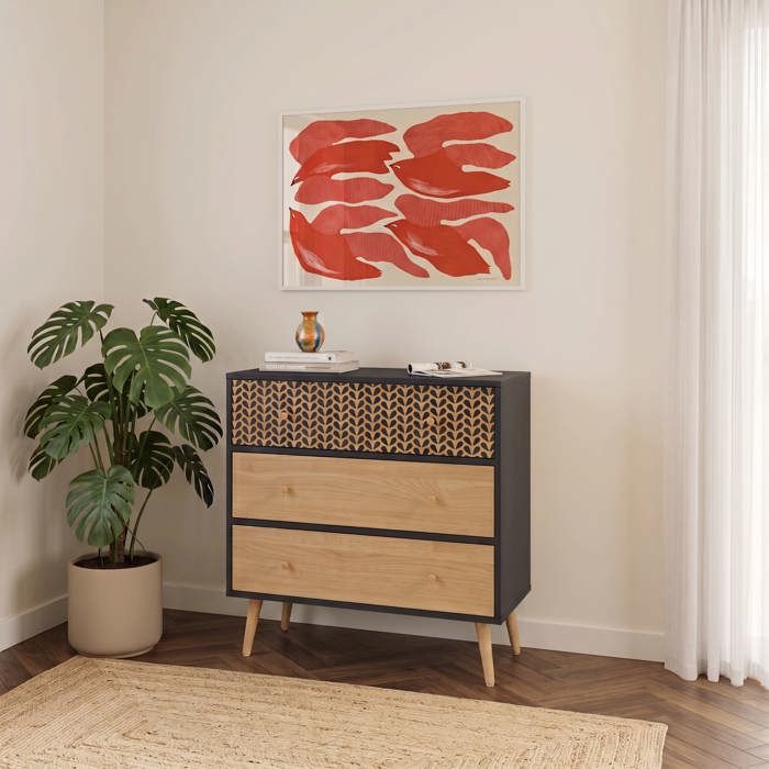 Commode CAPUCINE noir et effet chêne 3 tiroirs 78cm