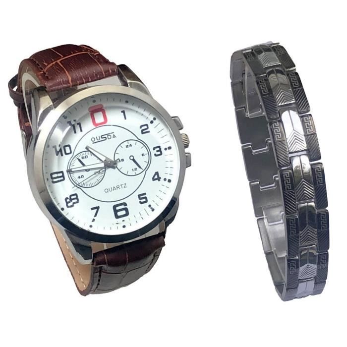 coffret montre homme cuir marron et gourmette acier inoxydable silver