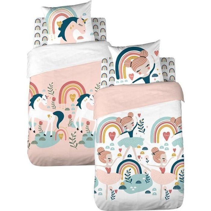 Parure de lit Enfant Réversible Licorne et Danseuse Rose Housse de Couette 140x200cm + 1 taie doreiller 63x53cm 100% Coton Bio*