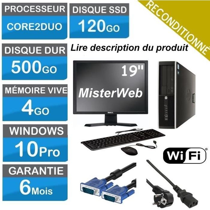 PC fixe pack complet - Core2Duo - SSD 120 Go - HDD 500 Go - Ram 4 - Ecran 19 - Win 10 - Format desktop SSF - Dell