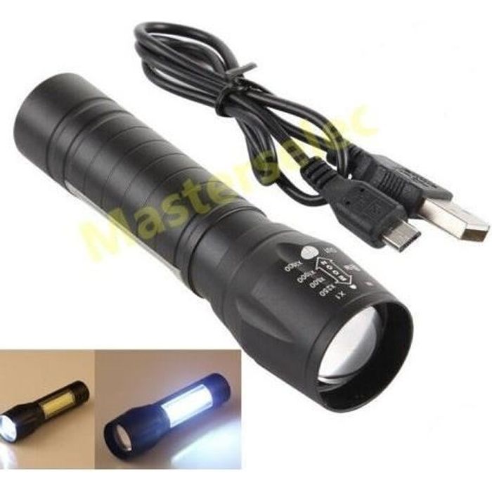 Lampe torche à main de poche rechargeable sur USB puissante forte COB XPE zoom