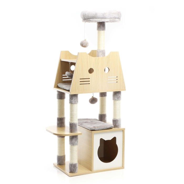 Meilleurs prix pour Fudajo Arbre à chat Bois Gris 106cm Griffoir Maisonnette Hamac Balle Jeu Ludique Animal domestique