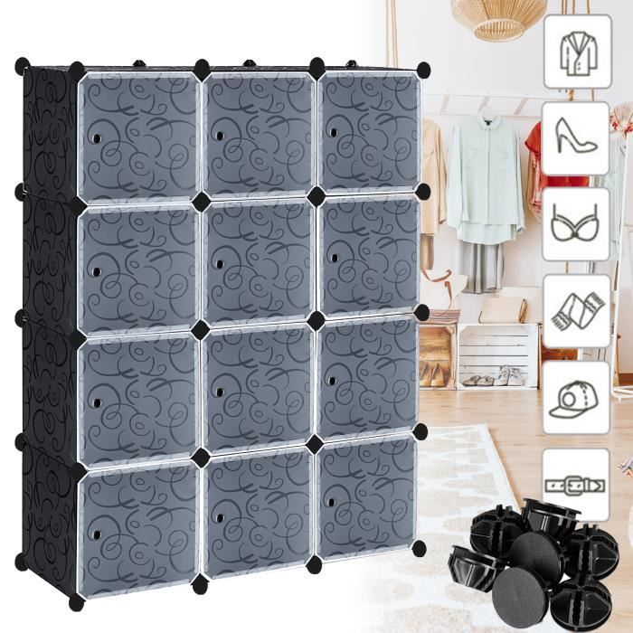 HENGMEI Armoire de rangement 12 boîtes avec porte Noir DIY Étagère