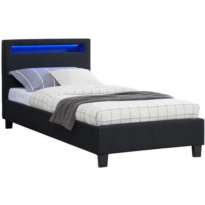 lit simple adulte/enfant molina avec sommier 90x190 cm, tête de lit led intégrées, tissu noir