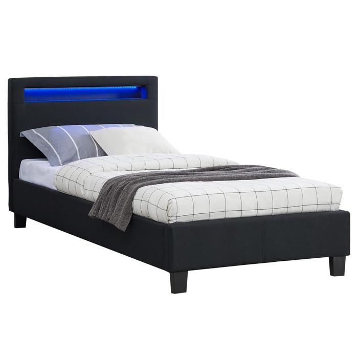 lit simple adulte/enfant molina avec sommier 90x190 cm, tête de lit led intégrées, tissu noir