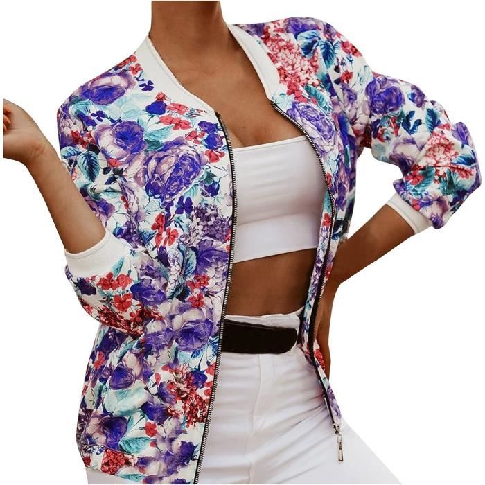 Veste Sport Femme Chic et Elegant Blouson Moto Femme Pas Cher Printemps  Automne Fleur Imprim Lger Casual VESTE VAREUSE violet