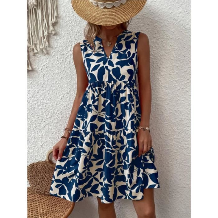 Robe trapèze mi-longue imprimée à col en V pour femmes Marque