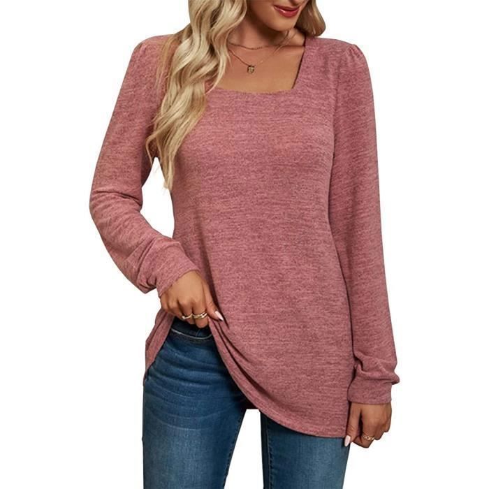 Femme Pull Col Carré Décontracté Sweater Tricoté à Manches Longues Chandail Lâche Casual - Rose