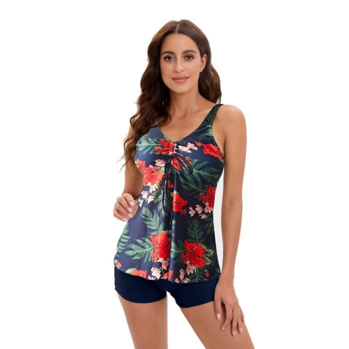 Maillot De Bain Femme 2 Pièces Shorty Maillot De Bain Femme Imprimé Fleuri Bretelles Croisées Haut Avec Short ,bleu Foncé,XXL