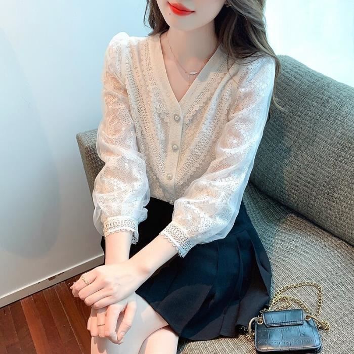 Chemisier Karen Kane Blanc Dentelle Manches Longues - Taille M - Occasion Très Bon état