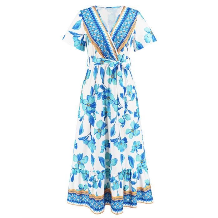 Robe Longue Boheme Femme Manches Courtes, Robe Ete Imprimé Floral Col V Taille Haute Chic Et éLéGant DéContracté Dress Léger Respirant Basiques Fluide pour Plage Voyage Vacances FêTe Quotidien Robe Longue Boheme Femme Manches Courtes, Robe Ete Imprimé Floral Col V Taille Haute Chic Et éLéGant DéContracté Dress Léger Respirant Basiques Fluide pour Plage Voyage Vacances FêTe Quotidien