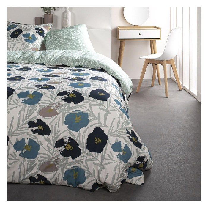 Parure de lit coton 2 personnes imprimé floral SUNSHINE Bleu 220x240 cm
