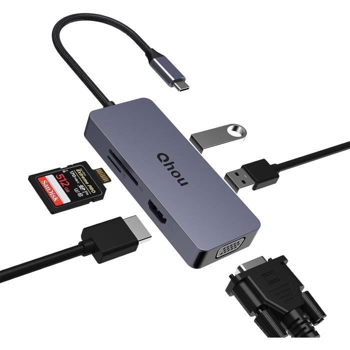 Zeeorymn Hub USB-C 6-en-1 - Ports USB 3.0/2.0, HDMI 4K, Lecteur SD/TF, Charge PD 100W | Compatible MacBook, PC, Tablettes Type-C