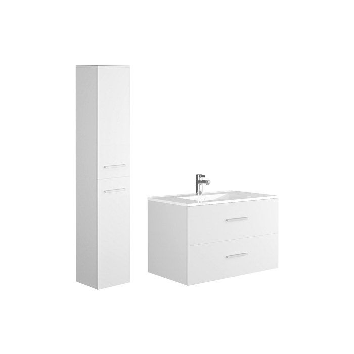 Meuble de salle de bain suspendu simple vasque avec colonne de rangement - Coloris blanc - 80 cm - KAYLA