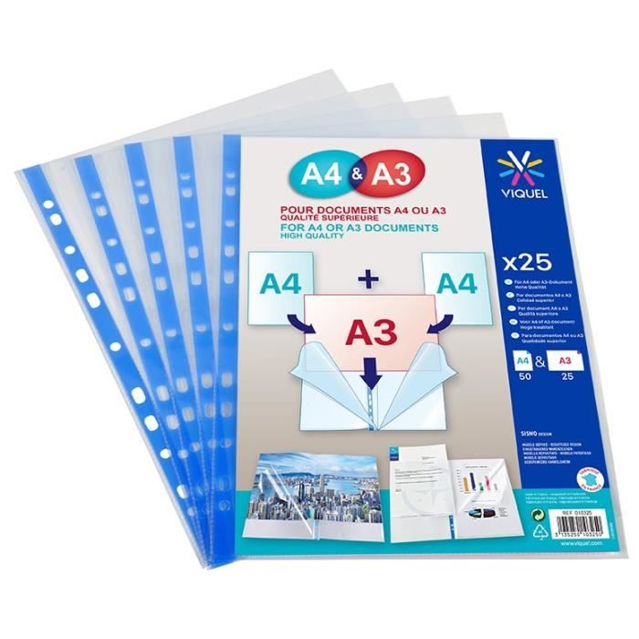 VIQUEL Lot de 25 pochettes perforées - Format A4 et A3 - Ouverture en coin  - Transparent - Bord renforcé