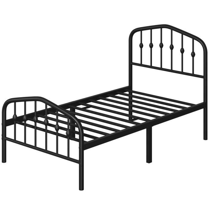 Yaheetech Cadre de Lit en Métal avec Tête de Lit Déco Effet Couronne 90x190cm Lit Moderne avec Sommier à Lattes Noir