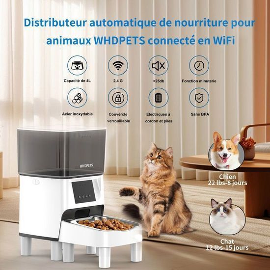 4L Distributeur Croquettes Chat Automatique, 2,4G WiFi