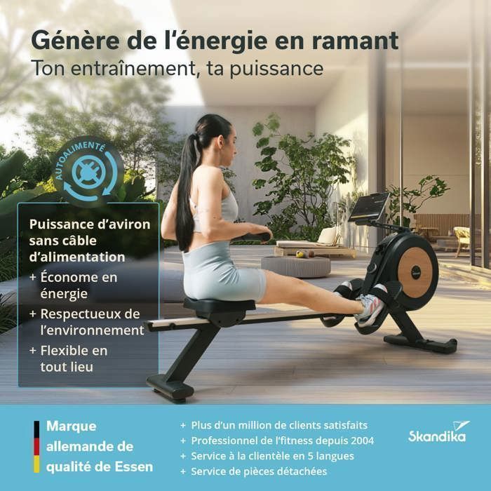 Rameur D'appartement Skandika P6-G - Autoalimenté, 32 Niveaux Résistance, Jusqu'à 135kg