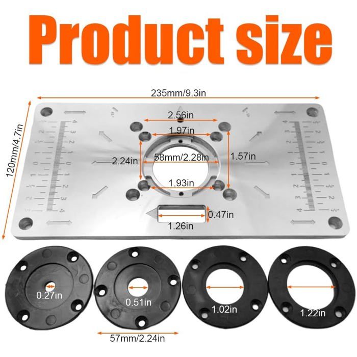 Plaque D'insertion Pour Table De Fraisage En Aluminium - 4 Anneaux D'insertion, échelles Cm/pouces, Coupe Et Rainurage Bois - 11