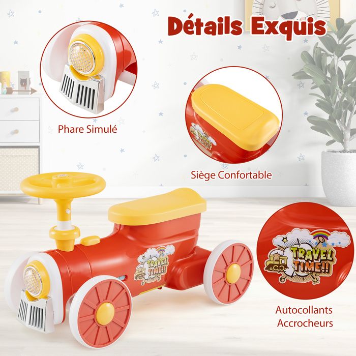 COSTWAY Porteur Enfant en Forme Train avec Volant & Son de Sifflet, Voiture à Pousser Enfant avec Phare Simulé, Espace Caché sous Siège & 4 Roues