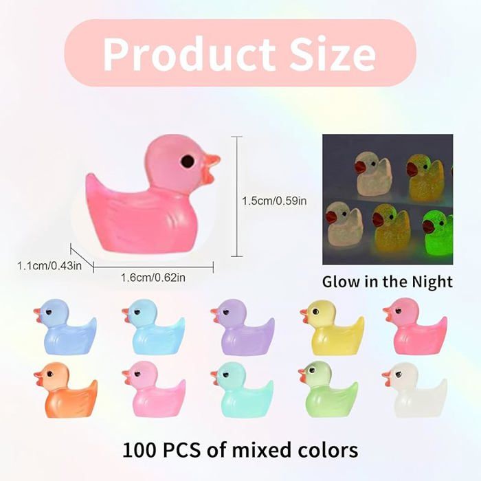 100 Mini Canards Lumineux En Résine – 10 Couleurs – Phosphorescents – Pour Décoration Jardin Et Miniature