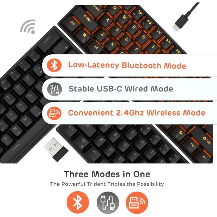 Clavier Mécanique Sans Fil RK61 - Bluetooth 3 Appareils, 61 Touches, Switch Marron, Rétroéclairage LED, Batterie 1450mAh - Noir