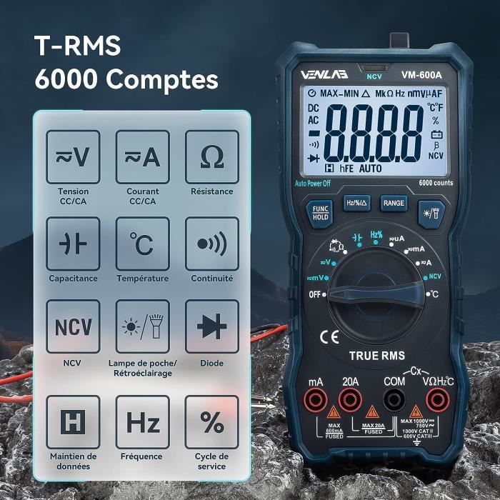 Multimètre Numérique VENLAB TRMS 6000 - Mesure Tension, Courant, Résistance, Température