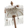 Petit parasol sur pied en bois à pompons en coton macramé blanc-2