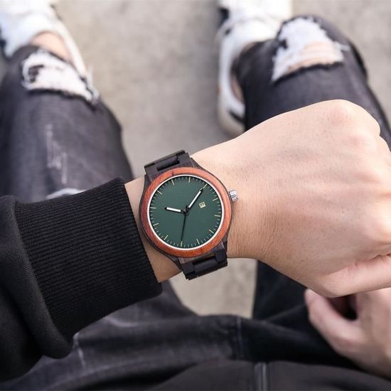 Montre bois homme marque de Luxe b ne Noir Quartz Aiguille