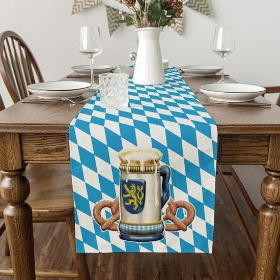 Chemin De Table Oktoberfest Bleu Et Blanc - Taille 183x33 Cm - Tissu Polyester Lavable - Décoration Fête Bavaroise