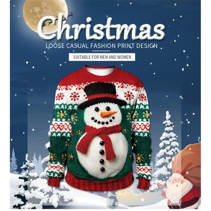 Pull De Noel Homme Femme 3D Imprime Col Rond Pullover Unisexe