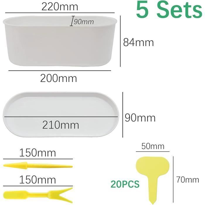 SYITCUN 5X Pots De Fleurs Rectangulaires Avec Avec Plateau,22 X 9 X 8,5cm Jardinière De Rebord De Fenêtre Avec Trou De Drainage,Petit Pot De Cactus Pour La Décoration Moderne,Pot Pour Bonsai