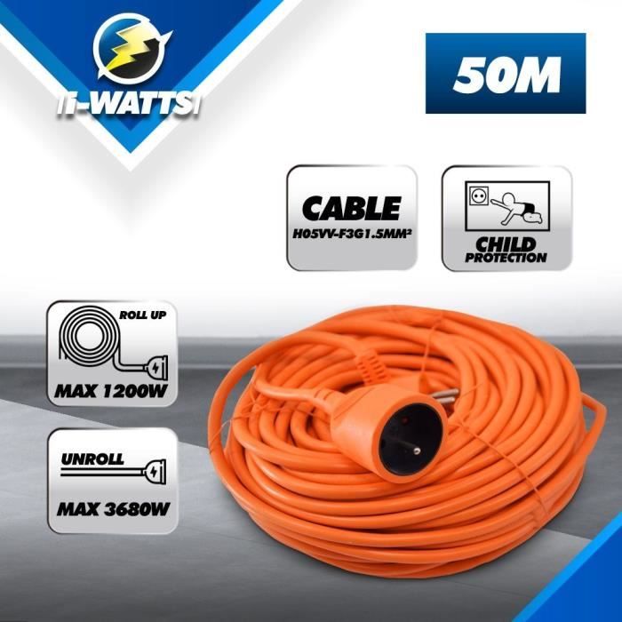 Allonge électrique - I-Watts - I-RAJ3G15-50M - 50 m - 3G1.5 - IP20 ...