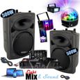 Pack Sono DJ300MKII Ibiza Ampli 480W - 2 Enceinte 500W Max - Table de Mixage - Micro - 3 Jeux Lumière PARTY-3PACK Astro Strobo Derb-0