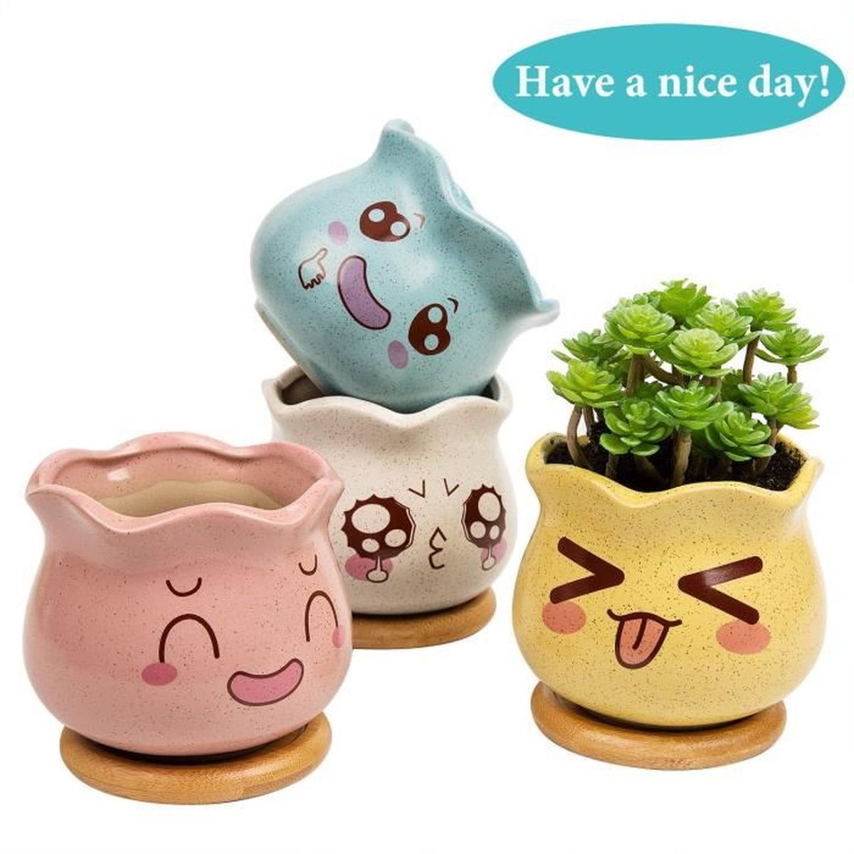 Lot De 4 Pcs Pot De Fleur Pot De Succulent Avec Plateau En Bambou Et Mignons Decor Emotions Jolie Deco Achat Vente Jardiniere Bac A Fleur Lot De 4 Pcs