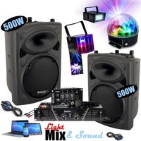 Pack Sono DJ300MKII Ibiza Ampli 480W - 2 Enceinte 500W Max - Table de Mixage - Micro - 3 Jeux Lumière PARTY-3PACK Astro Strobo Derb