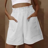 Femmes Mode Solide Coton Lin Élastique Pokets Shorts Casual Pantalon Large blanc