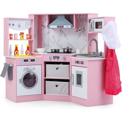 GOPLUS Cuisine d'angle pour Enfants 3+ Ans, Jouet de Cuisine en Bois avec Hotte Eclairée et Poêles Sonores, Système de Circulation d'eau, Machine à Glaçons, pour Garçons et Filles (Marron GOPLUS Cuisine d'angle pour Enfants 3+ Ans, Jouet de Cuisine en Bois avec Hotte Eclairée et Poêles Sonores, Système de Circulation d'eau, Machine à Glaçons, pour Garçons et Filles (Marron