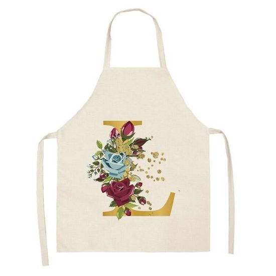 Tablier De Cuisine Femme Initiale Fleur - Noir Réglable 2 Poches - Cadeau Maman, Amoureuse - Pour Cuisine, Jardinage, Peinture