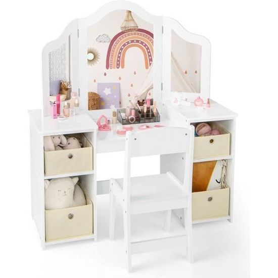 COSTWAY Coiffeuse 2 en 1 avec Chaise pour Enfants avec Miroir et 120