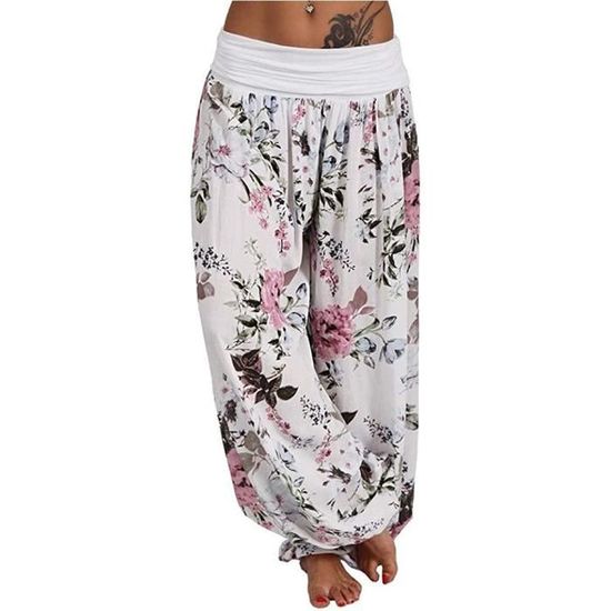 Pantalon Harem Taille Haute Pantalon Fluide Femme Boho Élastiqué - Taille Haute, Imprimé Floral, Léger Et Confortable Pour Yoga, Plage Et Daily Wear Sarouel Femme Léger Poches
